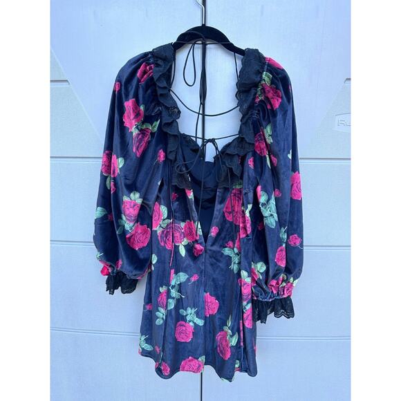 For Love & Lemons Yara Floral Mini Fairy Whimsigoth Velvet Babydoll Dress Sz XL - Picture 13 of 16